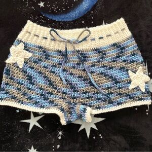 Handmade Crochet Women Shorts - Blues and White with Star Appliqués